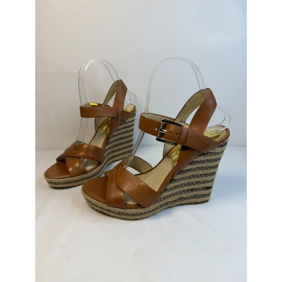 Michael Kors Espadrilles Wedge Sandals Womens Size 7M Brown Leather Ankle Strap - Picture 1 of 12